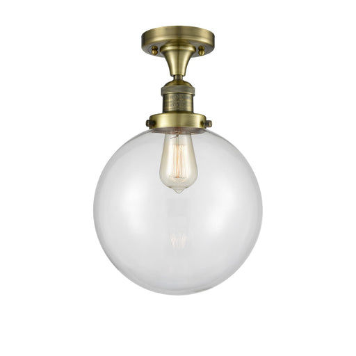 Innovations Beacon 10in 1-Light Semi-Flush Mount | Industrial Antique Brass and Clear Glass | Entryway & Hallway | 10 x 10 x 13 | Model 517-1CH-AB-G202-10