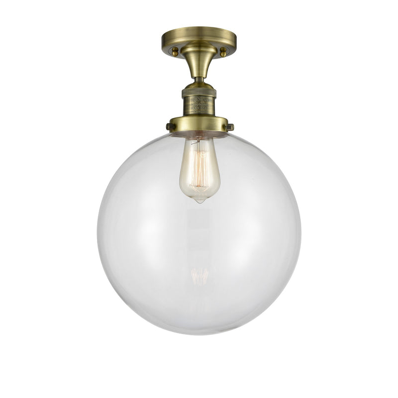 Innovations Beacon 12in 1-Light Semi-Flush Mount | Industrial Restoration-Vintage Antique Brass and Clear Glass | Kitchen & | Model 517-1CH-AB-G202-12-LED
