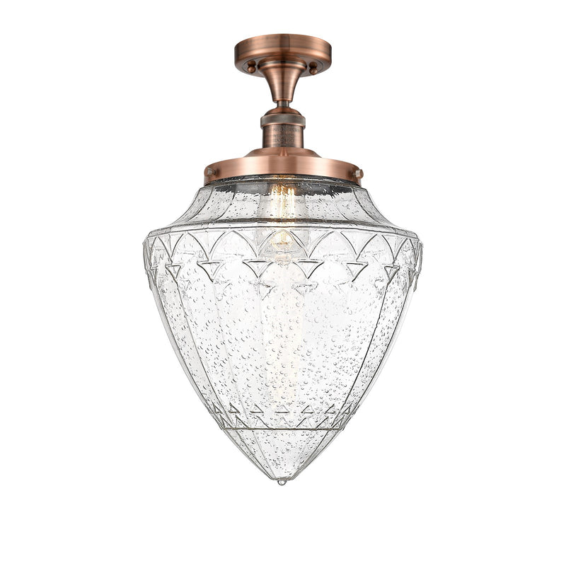 Innovations Bullet 12in 1-Light Semi-Flush Mount | Traditional Art Deco Antique Copper Steel and Seedy Glass | Damp-Rated | Model 517-1CH-AC-G664-12-LED