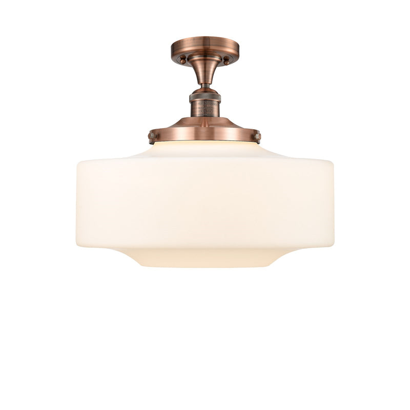 Innovations Bridgeton 16in 1-Light Semi-Flush Mount | Traditional Antique Copper Steel and Matte White Frosted Glass | Model 517-1CH-AC-G691-16-LED