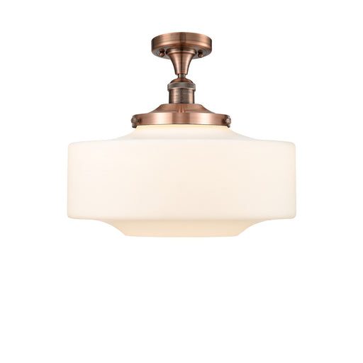 Innovations Bridgeton 16in 1-Light Semi-Flush Mount | Traditional Antique Copper Steel and Matte White Frosted Glass | Model 517-1CH-AC-G691-16-LED