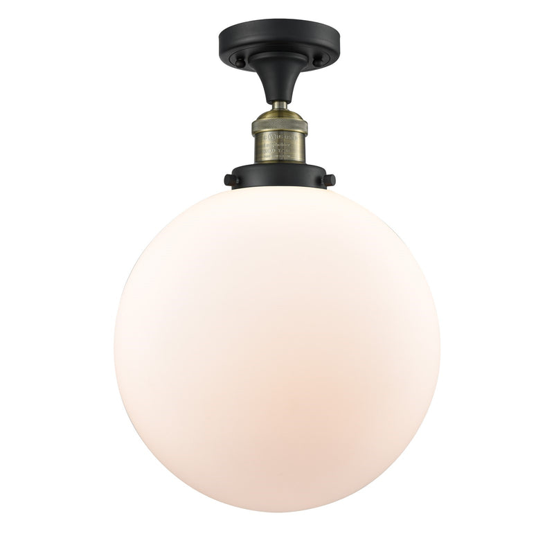 Innovations Beacon 12in 1-Light Semi-Flush Mount | Industrial Black Antique Brass Steel and Matte White Frosted Glass | Model 517-1CH-BAB-G201-12-LED