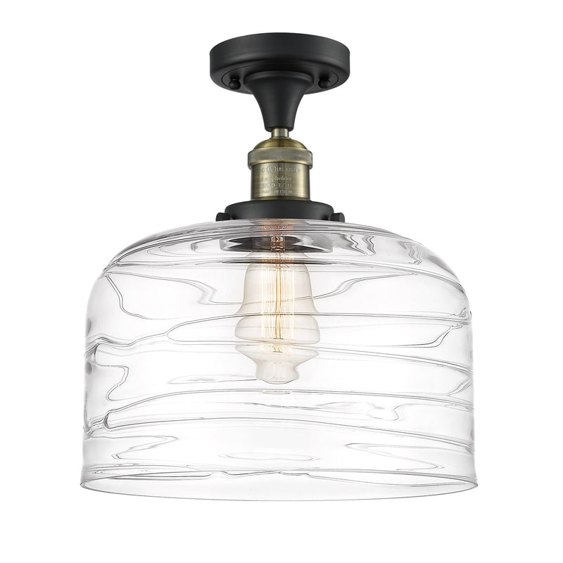 Innovations Bell 12in 1-Light Semi-Flush Mount | Industrial Black Antique Brass and Clear Deco Swirl Glass | Entryway & Hallway | Model 517-1CH-BAB-G713-L