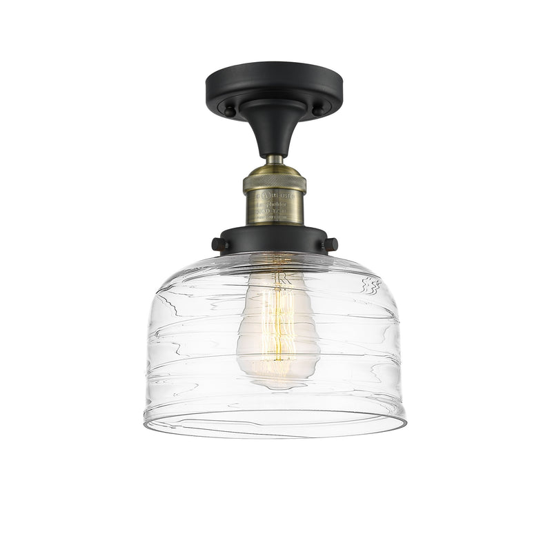 Innovations Bell 8in 1-Light Semi-Flush Mount | Industrial Black Antique Brass Steel and Clear Deco Swirl Glass | Bedroom & | Model 517-1CH-BAB-G713-LED