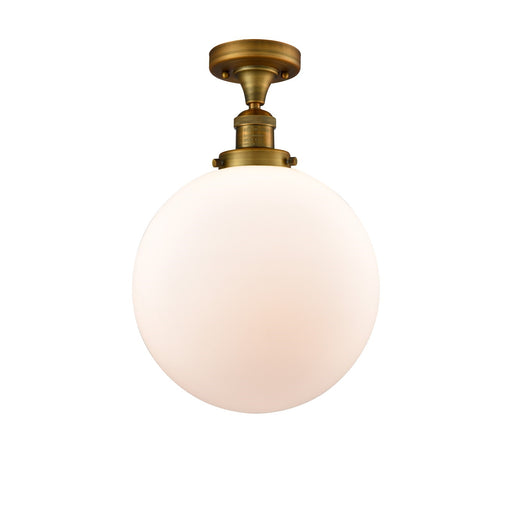 Innovations Beacon 12in 1-Light Semi-Flush Mount | Industrial Brushed Brass and Matte White Frosted Glass | Hallway & Entryway | Model 517-1CH-BB-G201-12