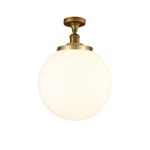 Innovations Beacon 14in 1-Light Semi-Flush Mount | Industrial Brushed Brass Steel and Matte White Frosted Glass | Entryway & | Model 517-1CH-BB-G201-14