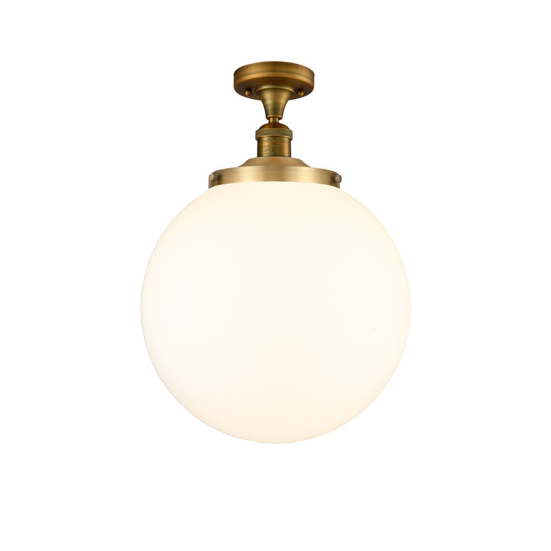 Innovations Beacon 14in 1-Light Semi-Flush Mount | Industrial Brushed Brass Steel and Matte White Frosted Glass | Entryway & | Model 517-1CH-BB-G201-14