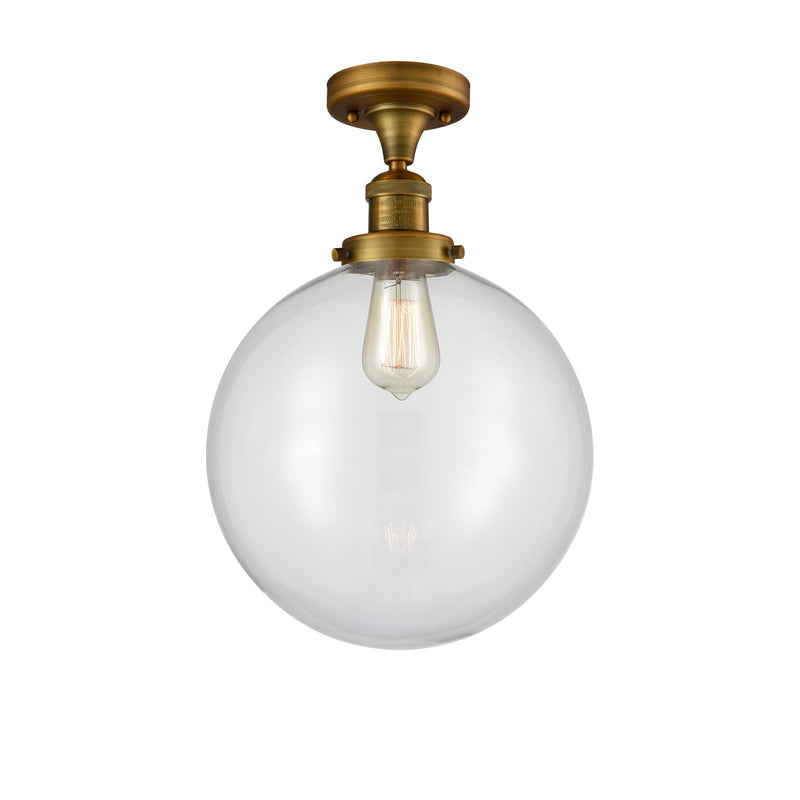 Innovations Beacon 12in 1-Light Semi-Flush Mount | Industrial Brushed Brass Steel and Clear Glass | Damp-Rated Entryway & | Model 517-1CH-BB-G202-12-LED