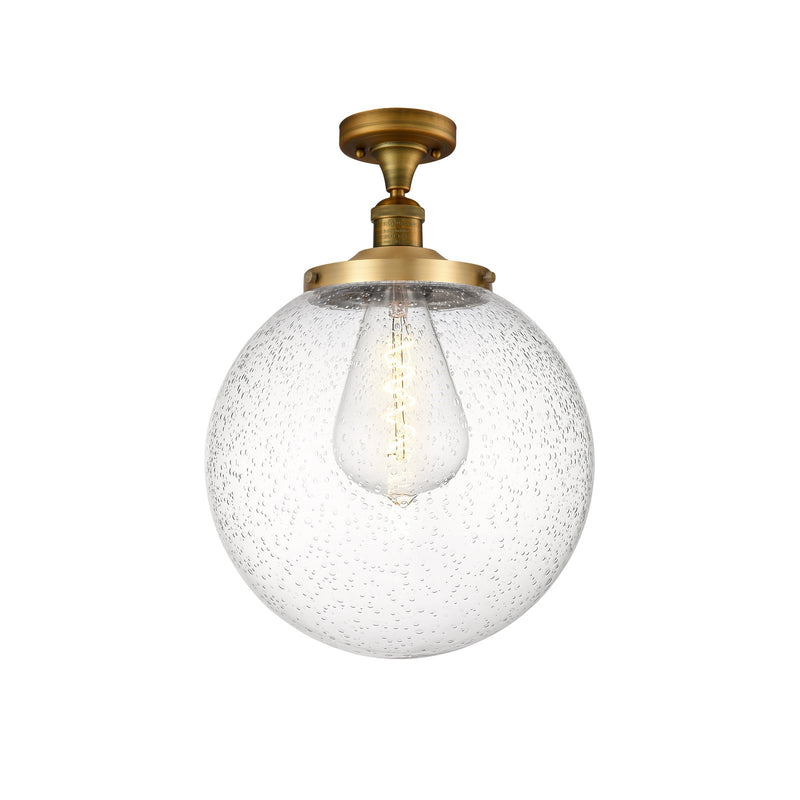 Innovations Beacon 14in 1-Light Semi-Flush Mount | Industrial Brushed Brass Steel and Seedy Glass | Damp-Rated Hallway & | Model 517-1CH-BB-G204-14