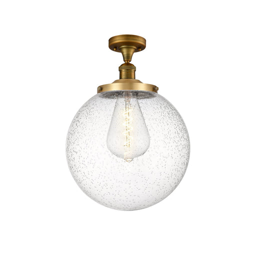 Innovations Beacon 14in 1-Light Semi-Flush Mount | Industrial Brushed Brass Steel and Seedy Glass | Damp-Rated Hallway & | Model 517-1CH-BB-G204-14