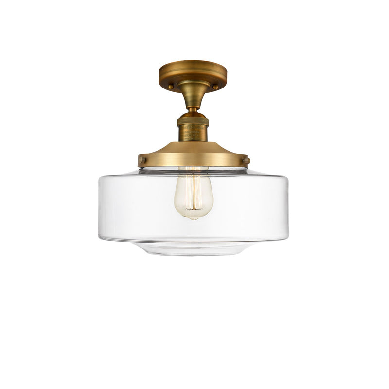 Innovations Bridgeton 12in 1-Light Semi-Flush Mount | Traditional Brushed Brass Steel and Clear Glass | Bathroom & Covered | Model 517-1CH-BB-G692-12-LED