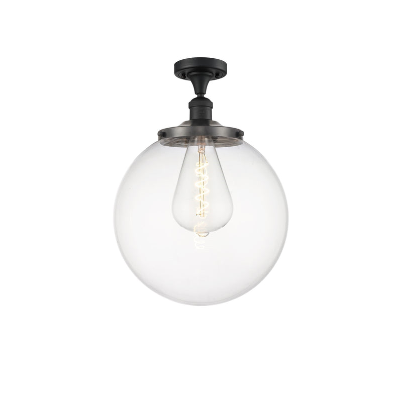 Innovations Beacon 14in 1-Light Semi-Flush Mount | Industrial Matte Black Steel and Clear Glass | Damp-Rated Entryway & Hallway | Model 517-1CH-BK-G202-14