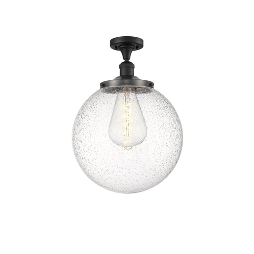 Innovations Beacon 14in 1-Light Semi-Flush Mount | Industrial Matte Black Steel and Seedy Glass | Damp-Rated Entryway & Hallway | Model 517-1CH-BK-G204-14