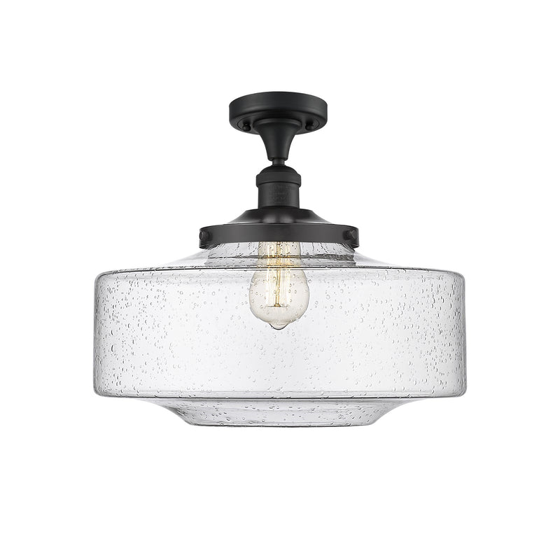 Innovations Bridgeton 16in 1-Light Semi-Flush Mount | Traditional Matte Black Steel and Seedy Glass | Entryway & Hallway | Model 517-1CH-BK-G694-16-LED