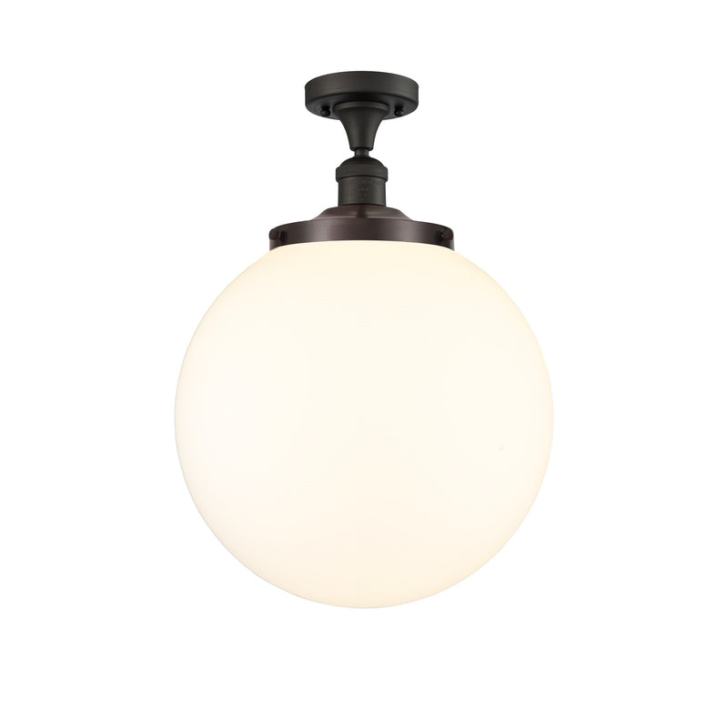 Innovations Beacon 14in 1-Light Semi-Flush Mount | Industrial Oil Rubbed Bronze Steel and Matte White Frosted Glass | Entryway | Model 517-1CH-OB-G201-14