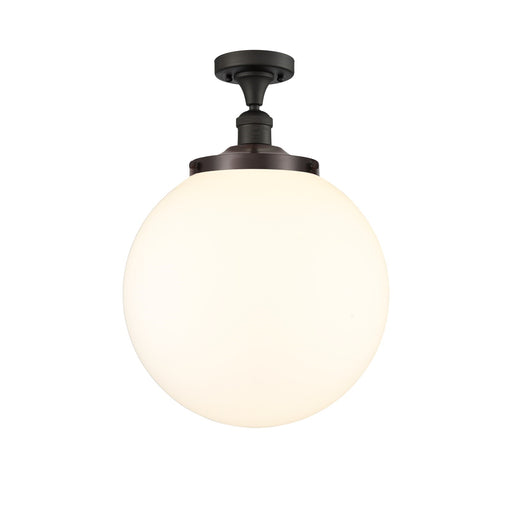 Innovations Beacon 14in 1-Light Semi-Flush Mount | Industrial Oil Rubbed Bronze Steel and Matte White Frosted Glass | Entryway | Model 517-1CH-OB-G201-14