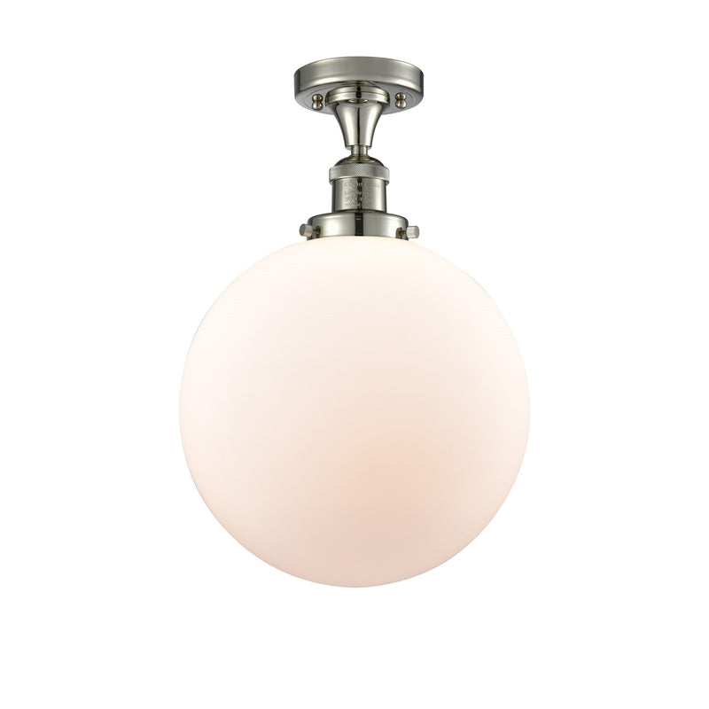 Innovations Beacon 12in 1-Light Semi-Flush | Industrial Polished Nickel Steel and Matte White Frosted Glass | Entryway & | Model 517-1CH-PN-G201-12-LED