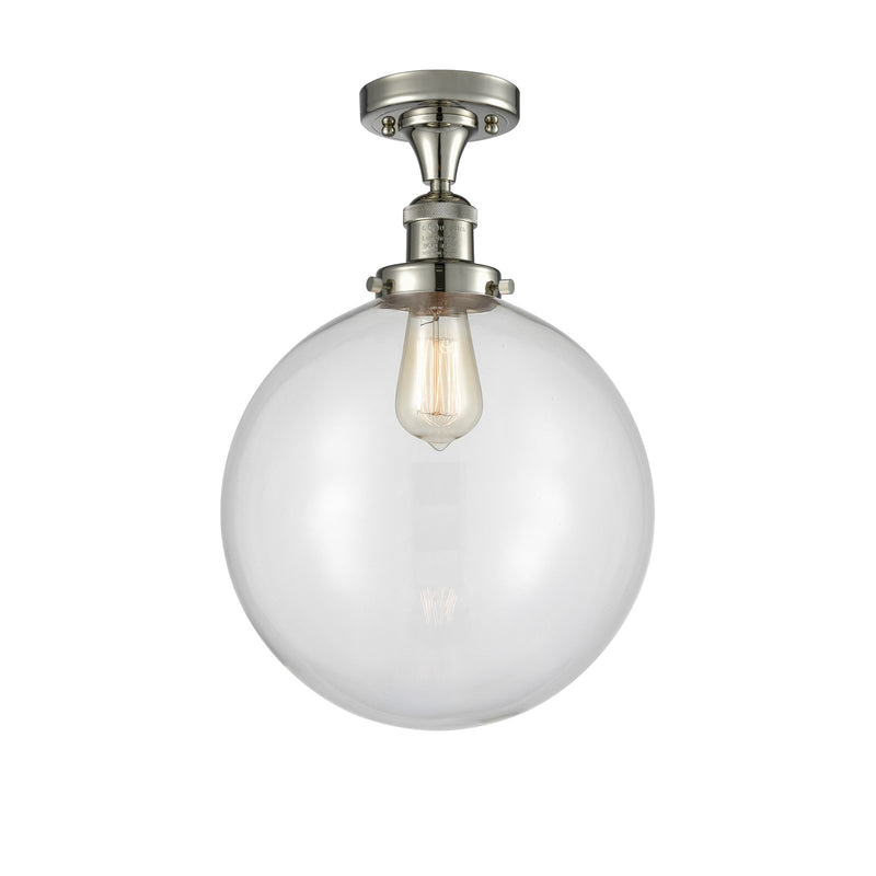 Innovations Beacon 12in 1-Light Semi-Flush Mount | Industrial Polished Nickel Steel and Clear Glass | Bathroom & Entryway | Model 517-1CH-PN-G202-12-LED