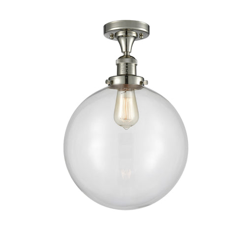 Innovations Beacon 12in 1-Light Semi-Flush Mount | Industrial Polished Nickel Steel and Clear Glass | Bathroom & Entryway | Model 517-1CH-PN-G202-12-LED