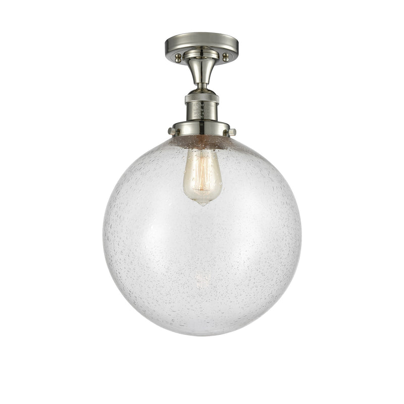 Innovations Beacon 12in 1-Light Semi-Flush Mount | Industrial Polished Nickel Steel and Seedy Glass | Hallway & Bathroom Damp | Model 517-1CH-PN-G204-12