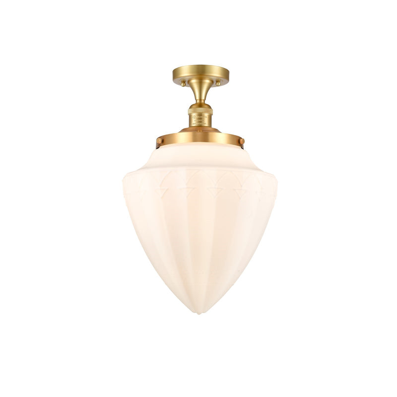 Innovations Bullet 12in 1-Light Semi-Flush Mount | Traditional Art Deco Satin Gold Steel and Matte White Frosted Glass | Model 517-1CH-SG-G661-12-LED