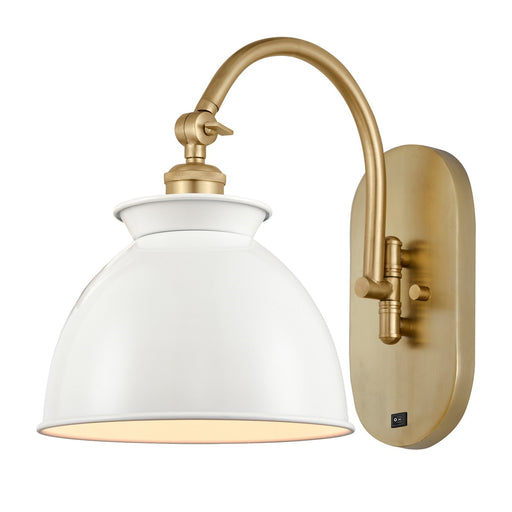 Innovations Adirondack 8.25in 1-Light Swing Arm Lamp | Industrial Farmhouse Satin Gold Steel and Glossy White Metal Shade | Model 518-1W-SG-M14-W-LED