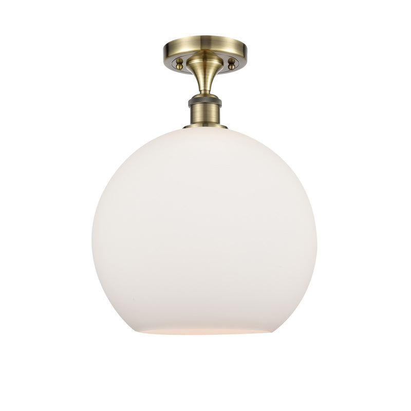 Innovations Athens 12in 1-Light Semi-Flush Mount | Industrial Antique Brass Steel and Matte White Glass | Damp-Rated Entryway & | Model 616-1F-AB-G121-12