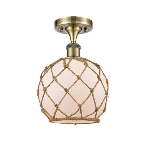 Innovations Farmhouse Rope 8in 1-Light Semi-Flush Mount | Industrial Farmhouse Antique Brass Steel and White Frosted Glass with | Model 616-1F-AB-G121-8RB
