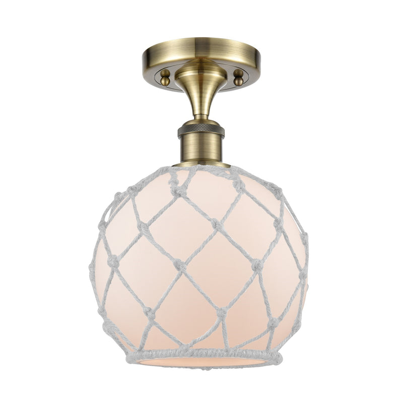 Innovations Farmhouse Rope 8in 1-Light Semi-Flush Mount | Industrial Farmhouse Antique Brass Steel and White Frosted Glass Rope | Model 616-1F-AB-G121-8RW