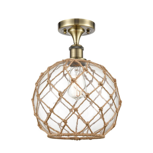 Innovations Farmhouse Rope 10in 1-Light Semi-Flush Mount | Industrial Antique Brass Steel and Clear Glass with Brown Rope | Model 616-1F-AB-G122-10RB