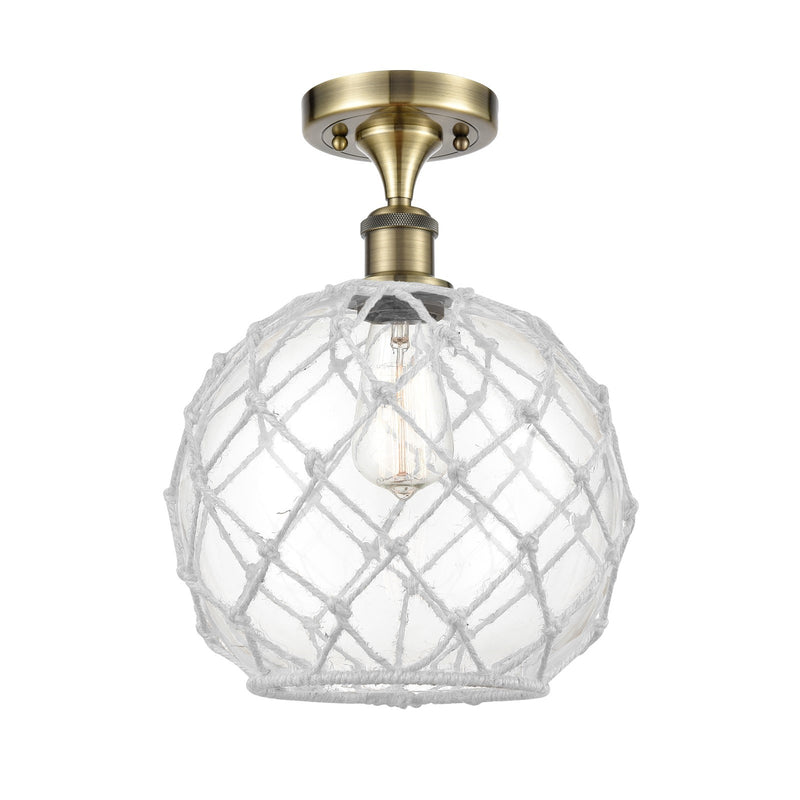 Innovations Farmhouse Rope 10in 1-Light Semi-Flush Mount | Industrial Antique Brass Steel and Clear Glass with White Rope | Model 616-1F-AB-G122-10RW
