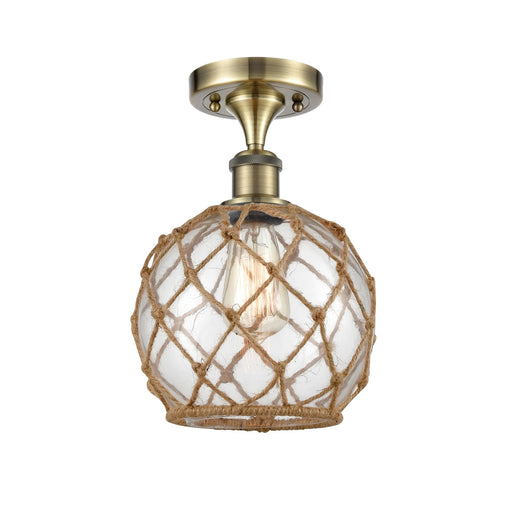 Innovations Farmhouse Rope 8in 1-Light Semi-Flush Mount | Industrial Farmhouse Antique Brass Steel and Clear Glass with Brown | Model 616-1F-AB-G122-8RB