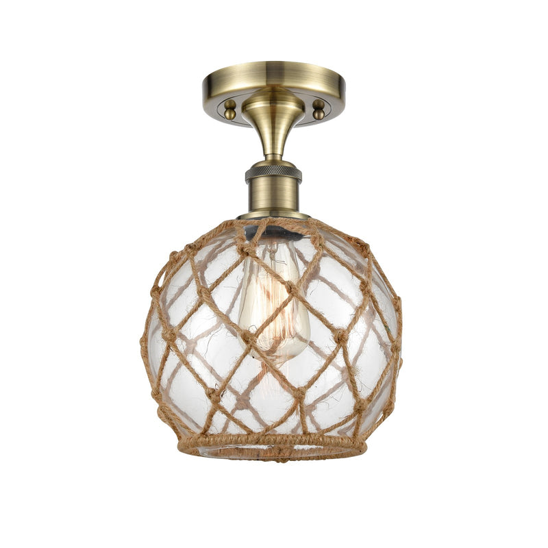 Innovations Farmhouse Rope 8in 1-Light Semi-Flush Mount | Industrial Farmhouse Antique Brass Steel and Clear Glass with Brown | Model 616-1F-AB-G122-8RB