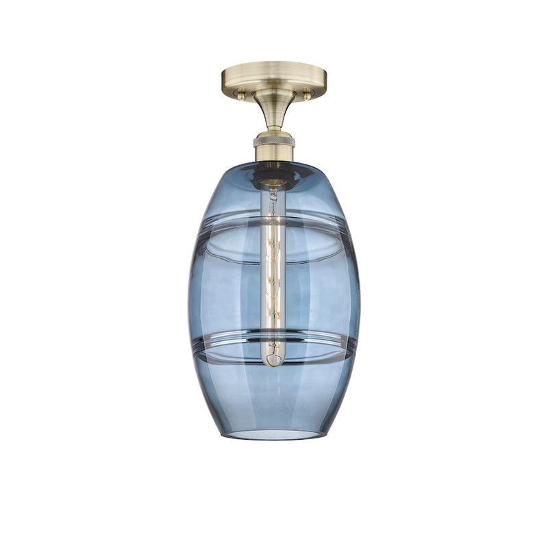 Innovations Lighting Vaz 8in 1-Light Semi-Flush Mount | Industrial Antique Brass Steel and Princess Blue Glass | Bedroom & | Model 616-1F-AB-G557-8BL