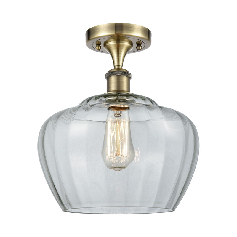 Innovations Fenton 11in 1-Light Semi-Flush Mount | Industrial Antique Brass Steel and Clear Ribbed Glass | Entryway & Hallway | 11 | Model 616-1F-AB-G92-L