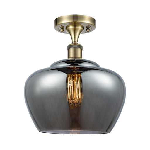 Innovations Fenton 11in 1-Light Semi-Flush Mount | Industrial Antique Brass Steel and Light Smoke Ribbed Glass | Kitchen & Hallway | Model 616-1F-AB-G93-L