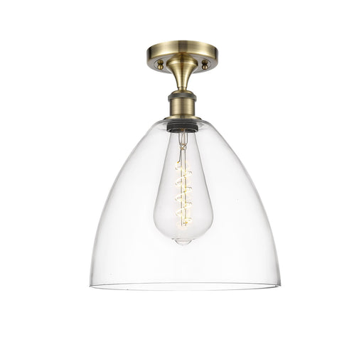 Innovations Bristol 12in 1-Light Semi-Flush Mount | Industrial Antique Brass Steel and Clear Glass Dome Shade | Hallway & | Model 616-1F-AB-GBD-122