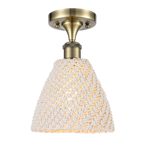 Innovations Bristol Natural 8in 1-Light Semi-Flush Mount | Industrial Antique Brass Steel and Natural Fiber Shade | Model 616-1F-AB-NBD-75-NAT