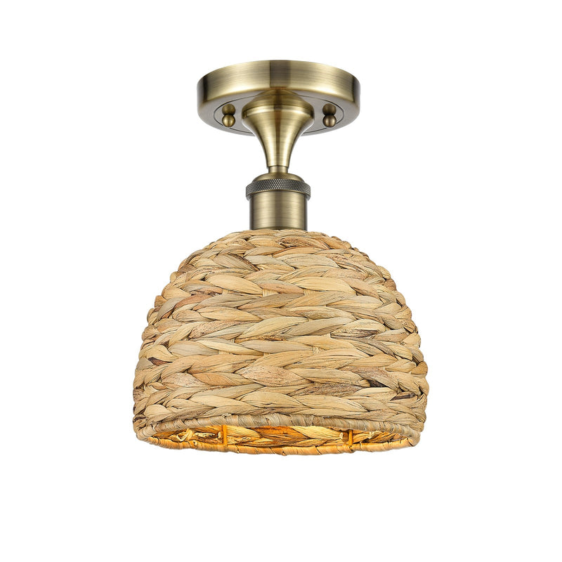 Innovations Woven Rattan 8in 1-Light Semi-Flush Mount | Rustic Antique Brass and Natural Woven Rattan | Damp Location Entryway | Model 616-1F-AB-RBD-8-NAT