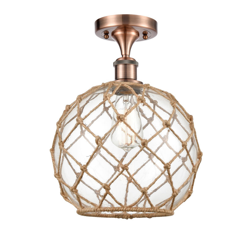 Innovations Farmhouse Rope 10in 1-Light Semi-Flush Mount | Industrial Antique Copper Steel and Clear Glass with Brown Rope | Model 616-1F-AC-G122-10RB