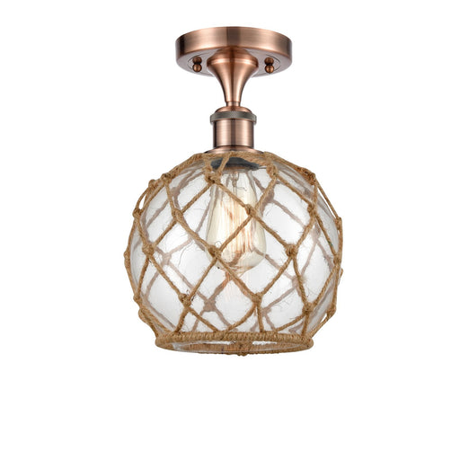Innovations Farmhouse Rope 8in 1-Light Semi-Flush Mount | Industrial Antique Copper Steel and Clear Glass with Brown Rope | Model 616-1F-AC-G122-8RB