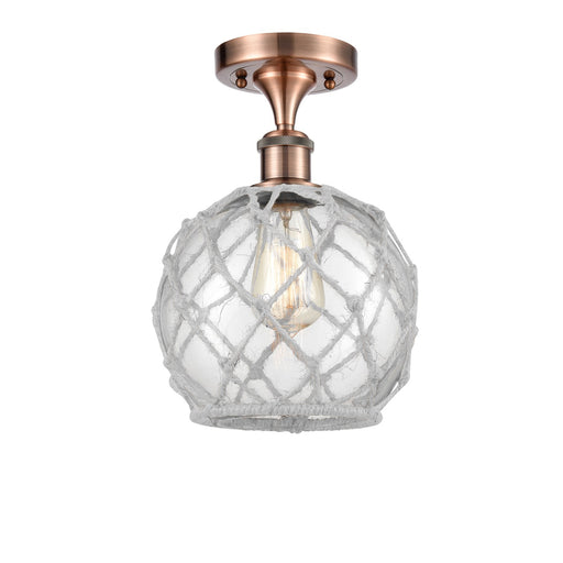 Innovations Farmhouse Rope 8in 1-Light Semi-Flush Mount | Industrial Farmhouse Antique Copper Steel and Clear Glass with White | Model 616-1F-AC-G122-8RW