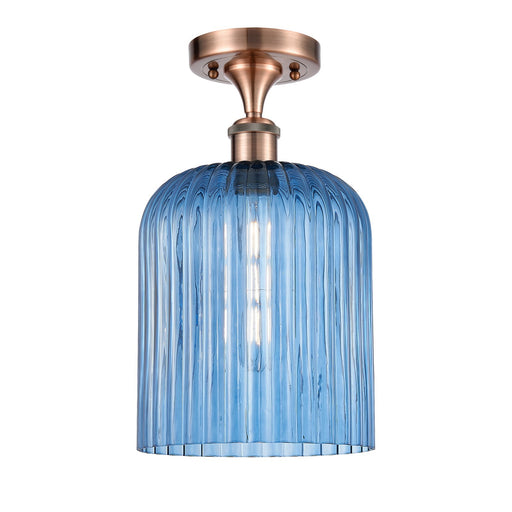 Innovations Bridal Veil 5in 1-Light Semi-Flush Mount | Art Nouveau Industrial Antique Copper Steel and Princess Blue Ribbed | Model 616-1F-AC-G559-8BL