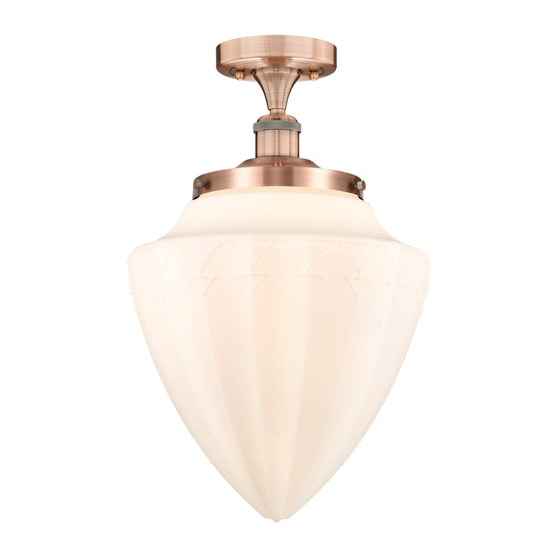 Innovations Bridgeton 12in 1-Light Semi-Flush Mount | Traditional Antique Copper Steel and Matte White Frosted Glass | Damp | Model 616-1F-AC-G661-12