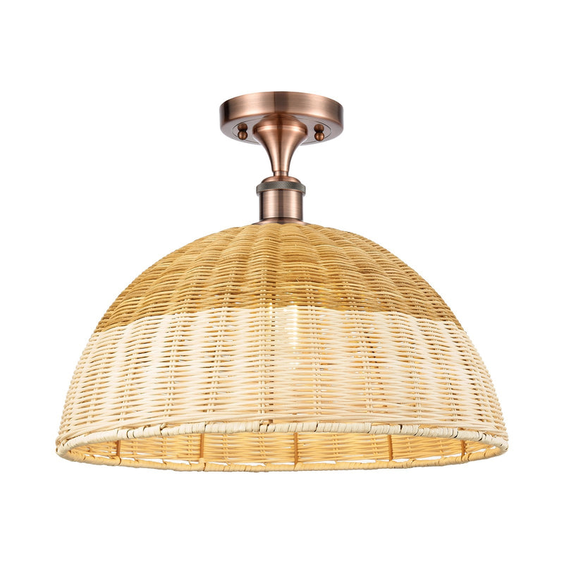 Innovations Bristol Natural II 16in 1-Light Semi-Flush Mount | Industrial Antique Copper and Natural Fiber Shade | Damp | Model 616-1F-AC-NBD2-16-NAT
