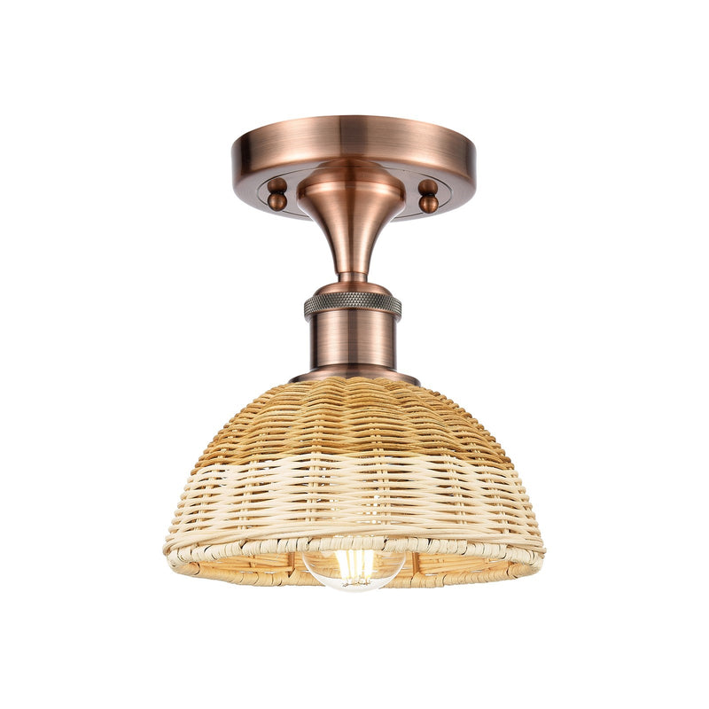Innovations Bristol Natural II 7.5in 1-Light Semi-Flush Mount | Industrial Antique Copper Steel and Natural Fiber Shade | Model 616-1F-AC-NBD2-75-NAT