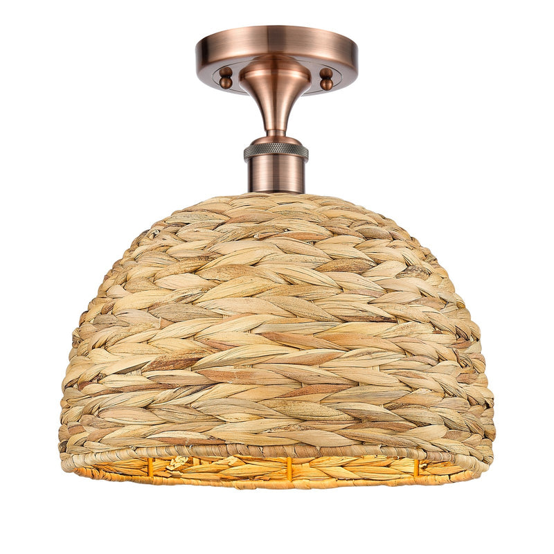 Innovations Woven Rattan 12in 1-Light Semi-Flush Mount | Industrial Antique Copper Steel and Natural Fiber Shade | Entryway & | Model 616-1F-AC-RBD-12-NAT