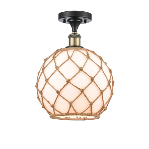 Innovations Farmhouse Rope 10in 1-Light Semi-Flush Mount | Industrial Black Antique Brass Steel and Matte White Glass with | Model 616-1F-BAB-G121-10RB