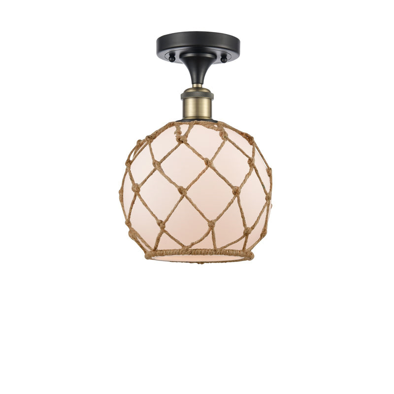 Innovations Farmhouse Rope 8in 1-Light Semi-Flush Mount | Industrial Black Antique Brass and White Frosted Glass with Brown | Model 616-1F-BAB-G121-8RB