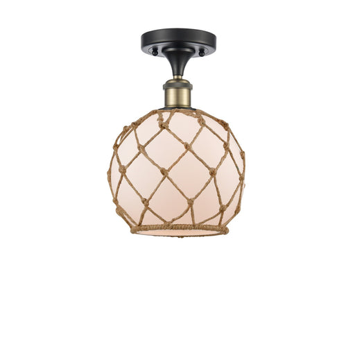 Innovations Farmhouse Rope 8in 1-Light Semi-Flush Mount | Industrial Black Antique Brass and White Frosted Glass with Brown | Model 616-1F-BAB-G121-8RB